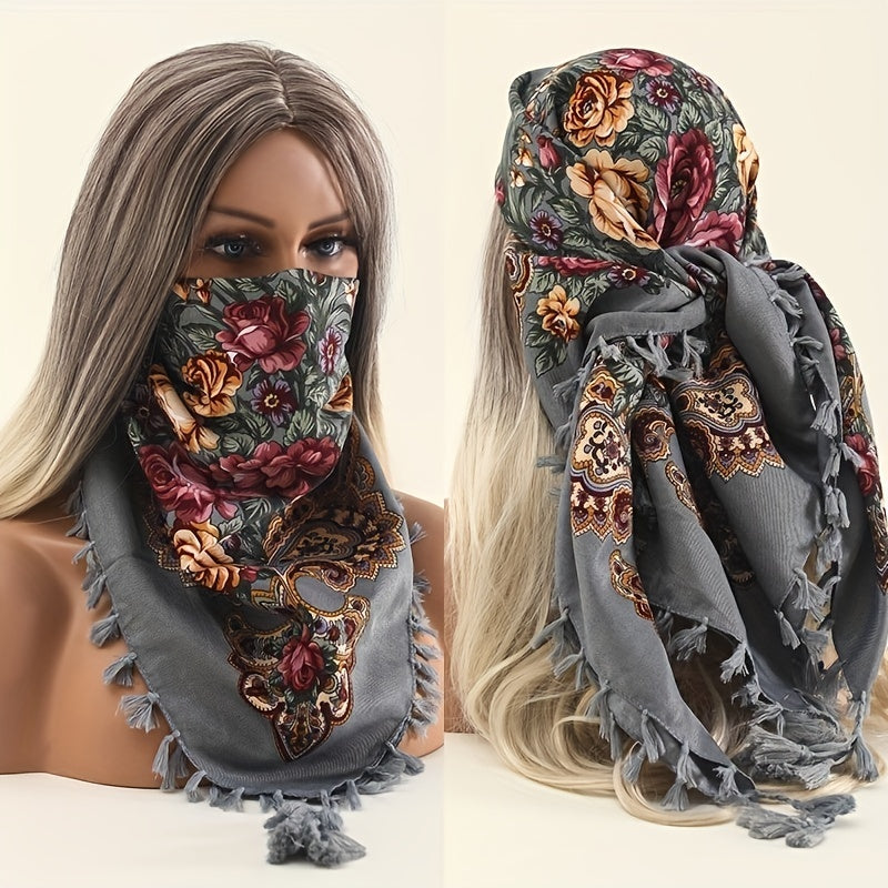 Vintage Print Square Scarf 27.5 Fringed Headband Sunscreen Warm Shawl