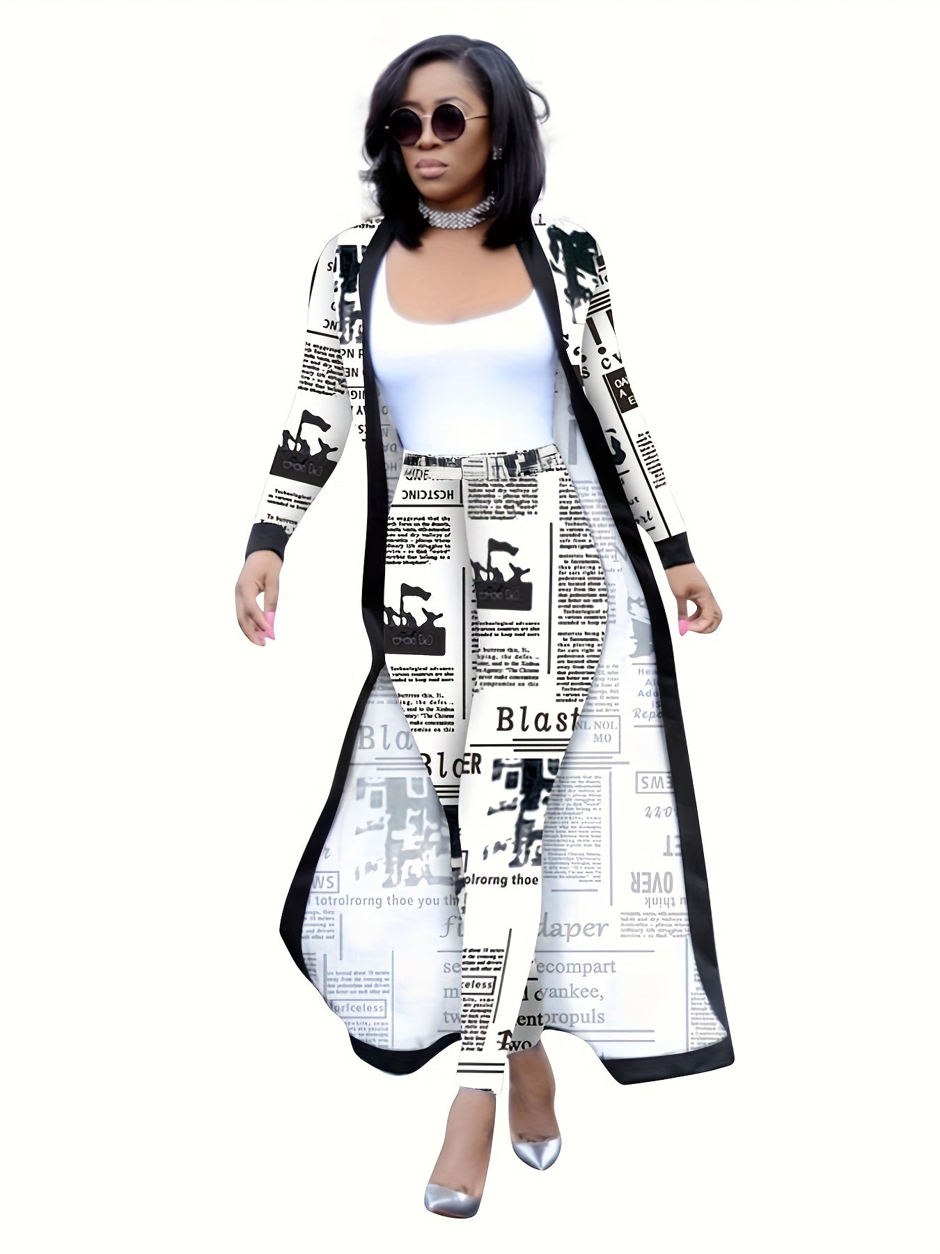 Newspaper Print Long Cardigan & Leggings Set