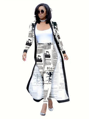Newspaper Print Long Cardigan & Leggings Set