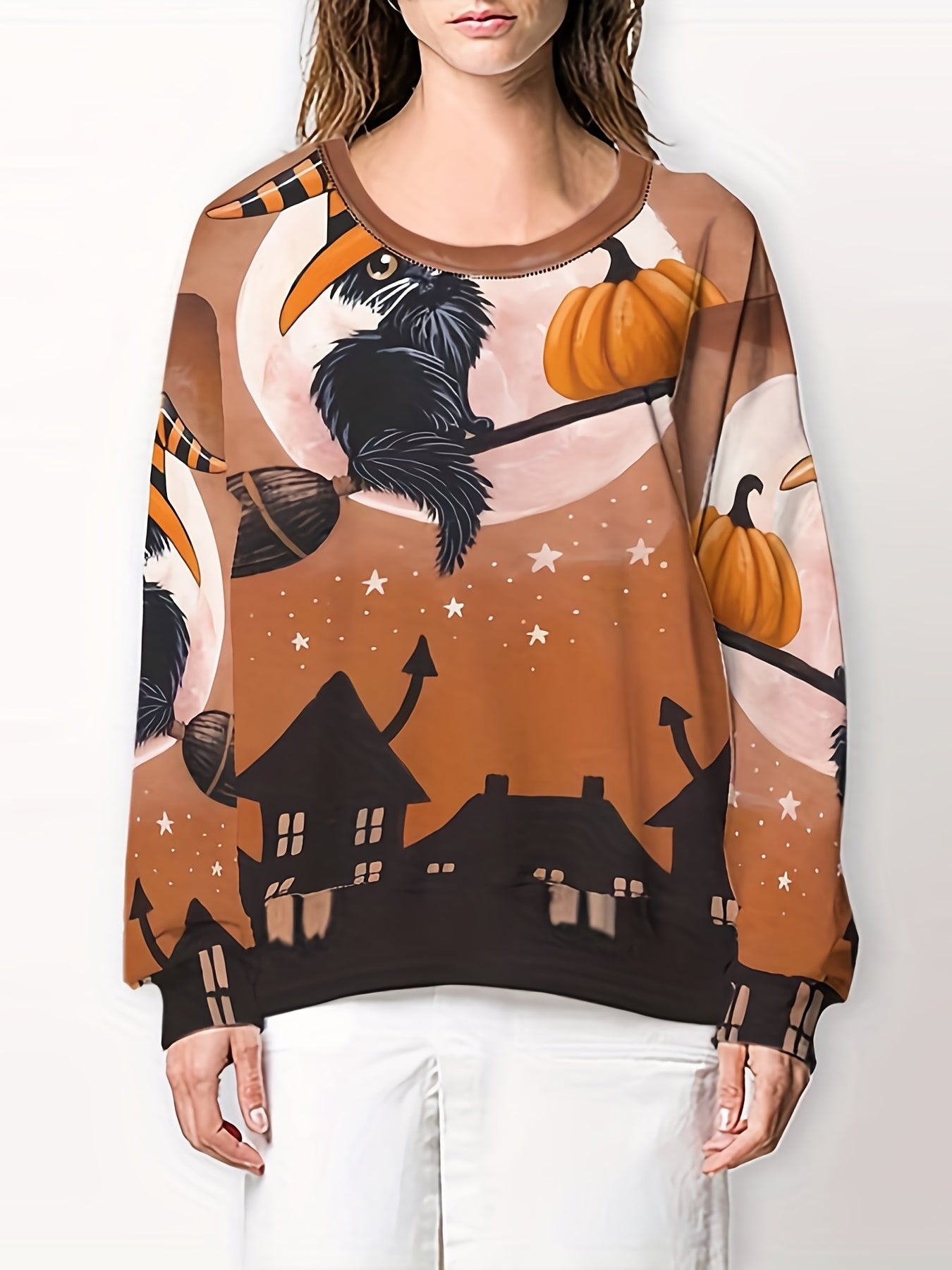 Halloween Witch Cat & Pumpkin Print Sweatshirt
