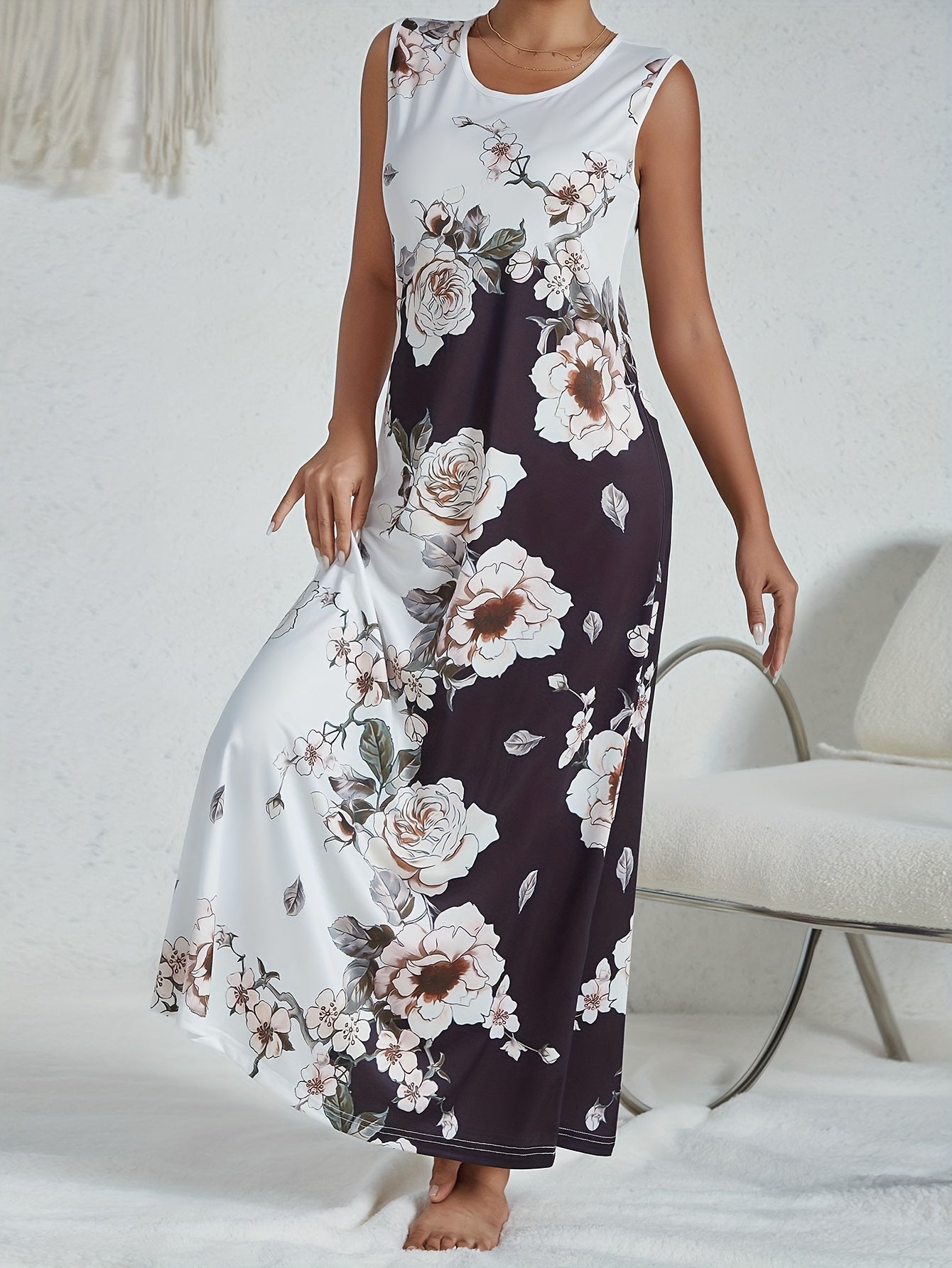 Floral Print Lounge Dress Sleeveless Crew Neck Comfy Home Dress
