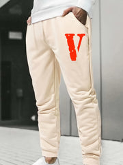 Men s Big V Print Drawstring Sweatpants Elastic Waist Jogger Pants