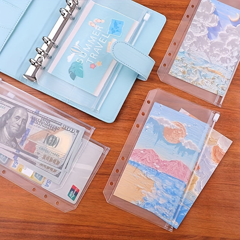25pcs A5 Binder Zipper Pocket 6 Holes Cash Envelope Transparent Folder