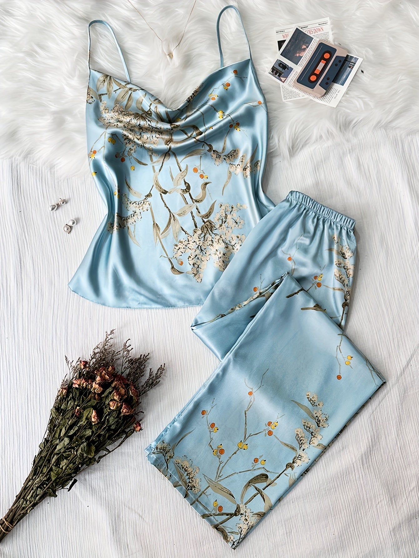 Floral Print Pajama Set Draped Collar Cami Top & Elastic Waistband Pants
