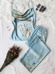 Floral Print Pajama Set Draped Collar Cami Top & Elastic Waistband Pants