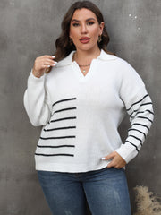 Stripe Print Long Sleeve Polo Neck Pullover Jumper