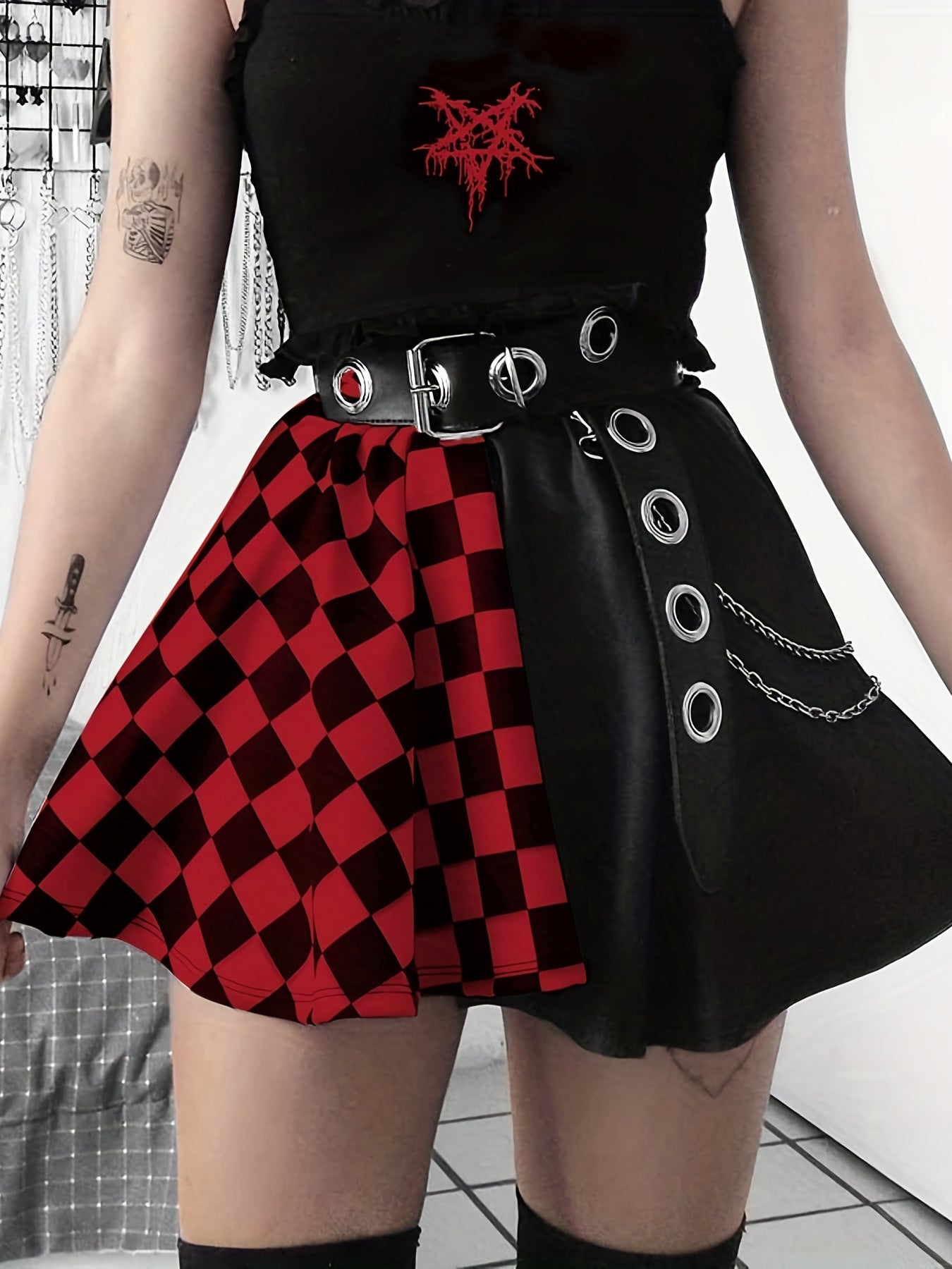 Chessboard Print Splicing Skirt Gothic Ruched Punk Mini Skirt