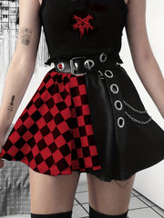 Chessboard Print Splicing Skirt Gothic Ruched Punk Mini Skirt