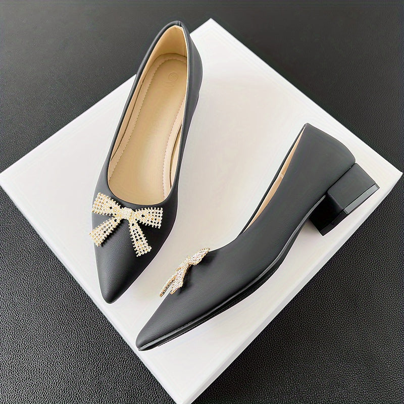 Women's Rhinestone Bowknot Slip-On Low Heel Point Toe Shoes