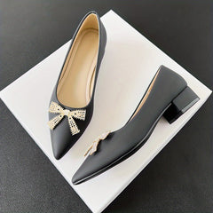 Women's Rhinestone Bowknot Slip-On Low Heel Point Toe Shoes