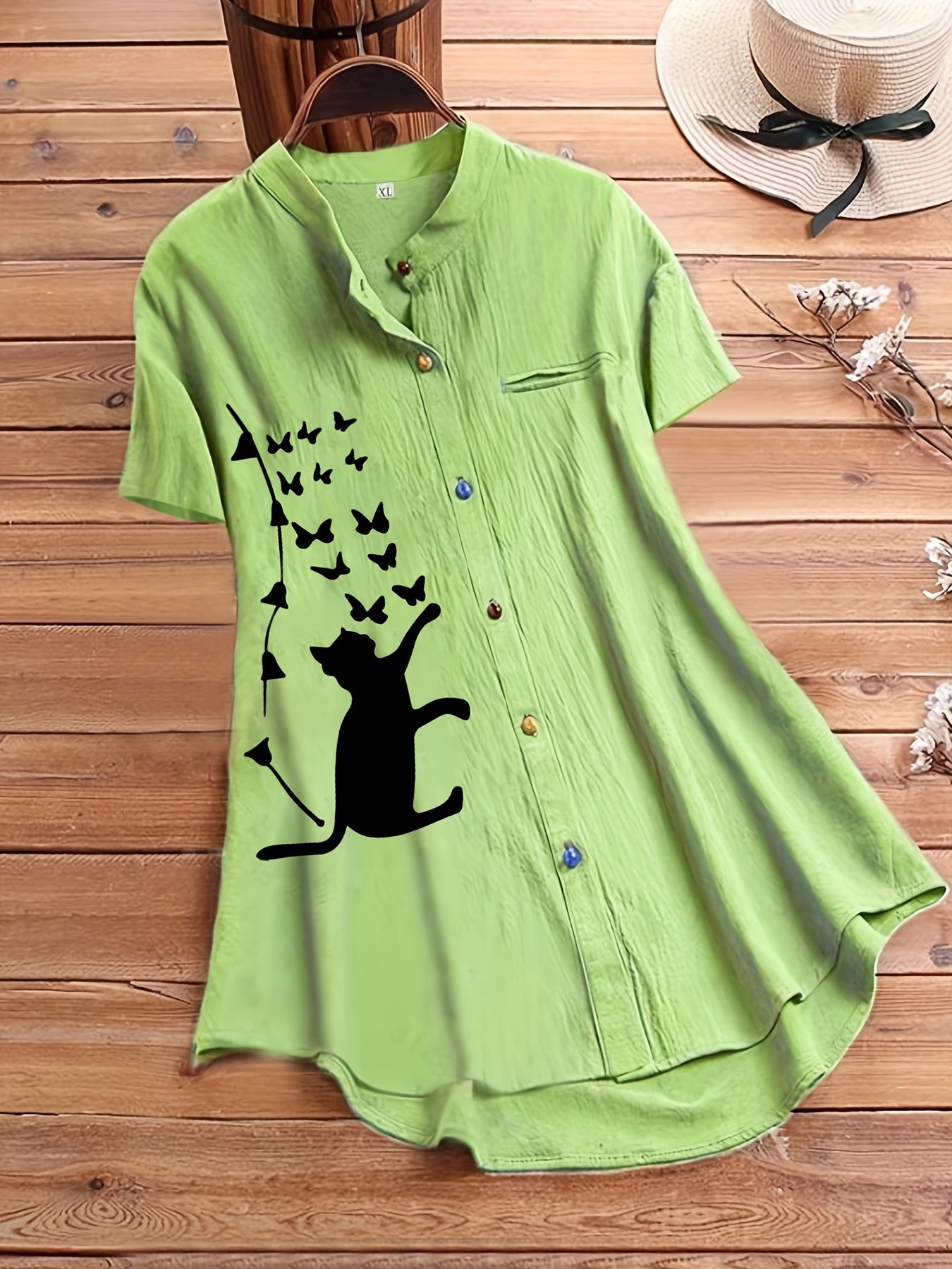 Cat Print Short Sleeve Button Shirt