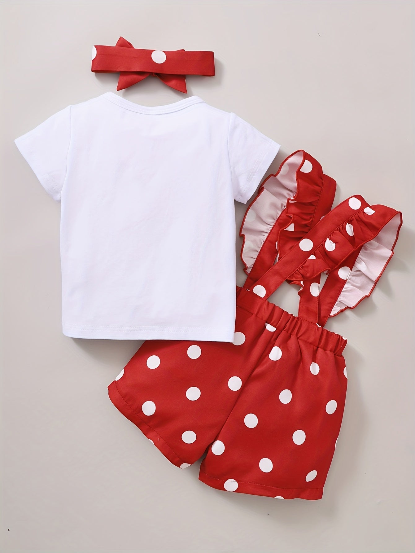 Baby Girl Rabbit Print Outfit Set - T-shirt, Polka Dot Shorts, Headband