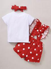 Baby Girl Rabbit Print Outfit Set - T-shirt, Polka Dot Shorts, Headband