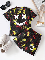 Boy's Cartoon & Smile Graphics 2PC Short Sleeve T Shirt & Shorts Set