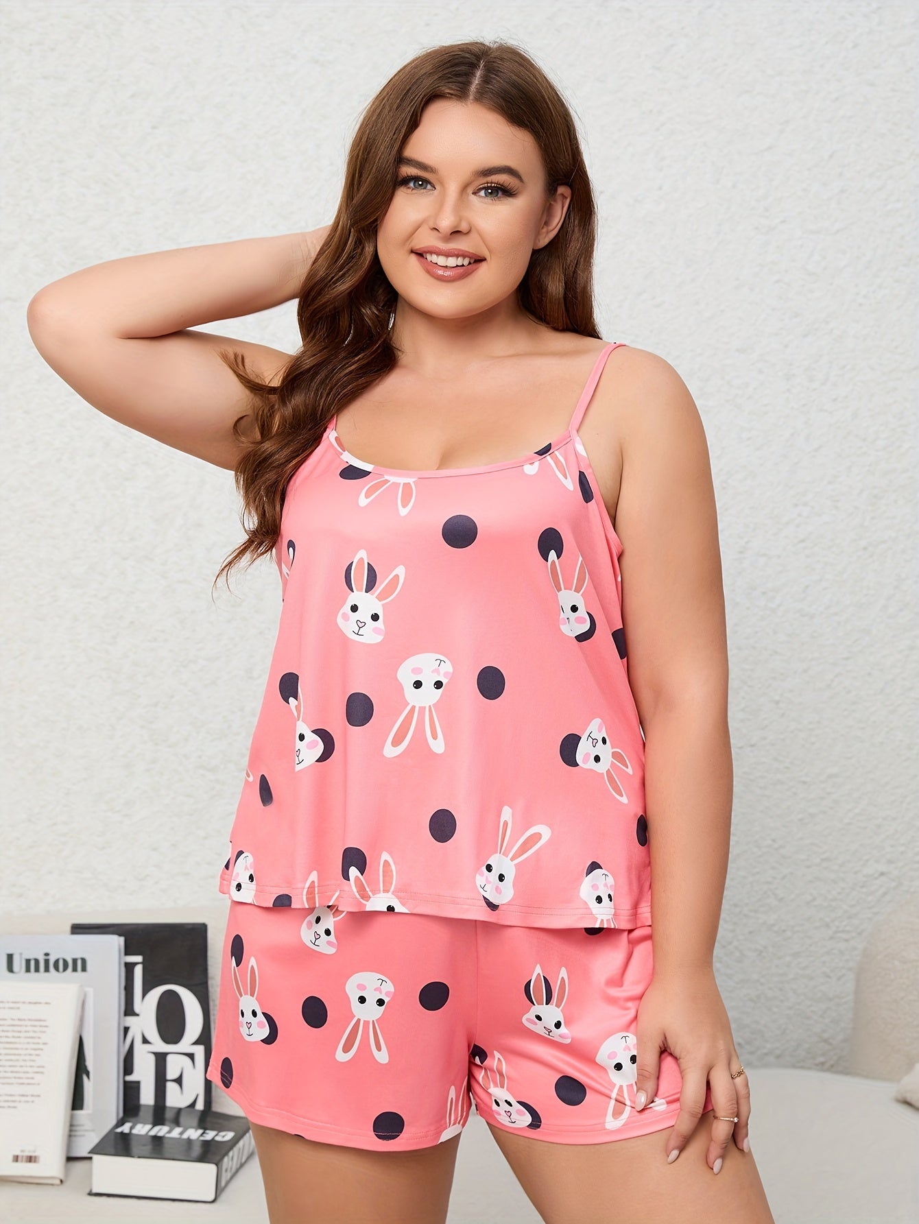 Pajama Set Women's Plus Rabbit Print Cami Top & Shorts