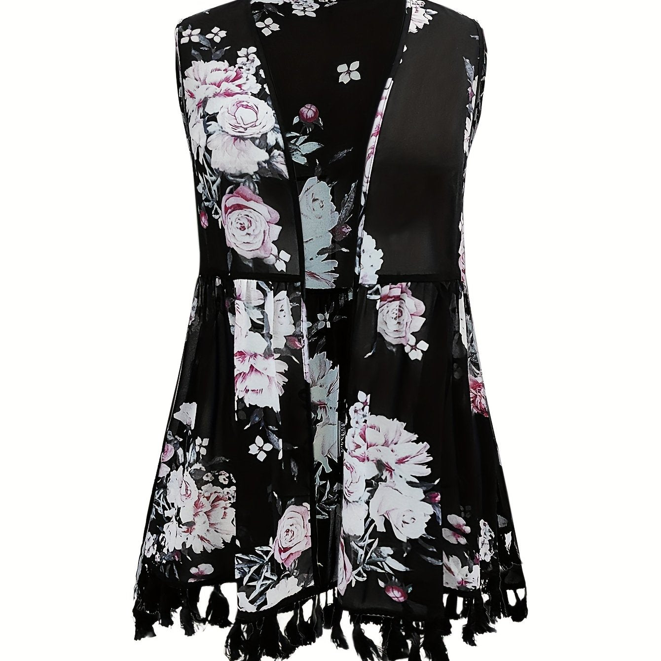 Boho Cover Up Women's Plus Floral Print Tassel Trim Cover Up