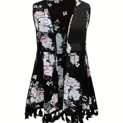 Boho Cover Up Women's Plus Floral Print Tassel Trim Cover Up