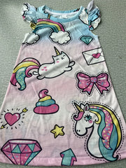 Girl's Rainbow Cat Dress Crew Neck Princess Dress