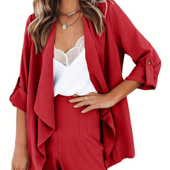 Solid Open Front Blazer Long Sleeve Outerwear Women's Clothing