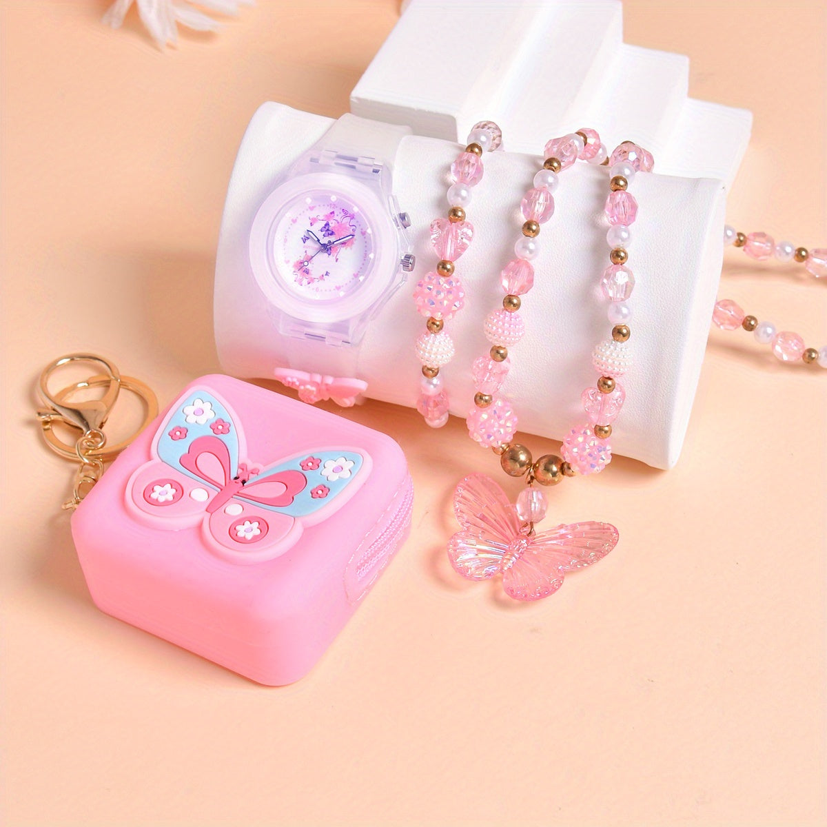 Girls Butterfly & Floral Quartz Watch Silicone Bracelet Set