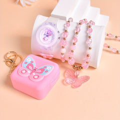 Girls Butterfly & Floral Quartz Watch Silicone Bracelet Set