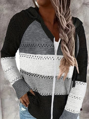 Colorblock Zipper Hooded Coat Long Sleeve Eyelet Embroidered