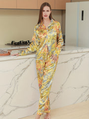 Floral Print Pajama Set Long Sleeve Buttons Top & Elastic Waistband Pants