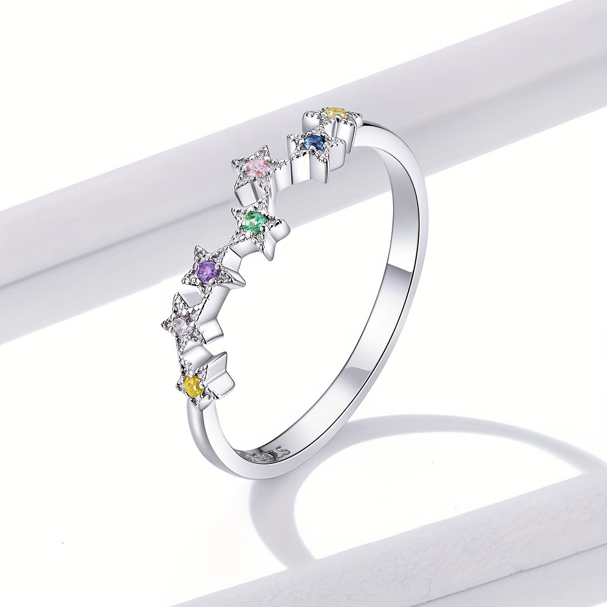 925 Silver Starry Ring with Colorful Zircon, Platinum Plated
