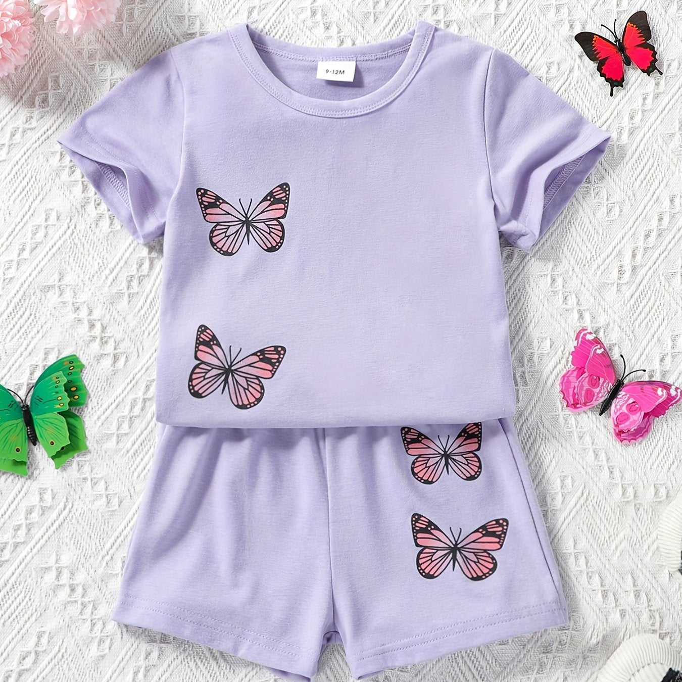 2pcs Toddler Girls Butterfly Embroidery T Shirt & Shorts Set