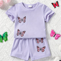 2pcs Toddler Girls Butterfly Embroidery T Shirt & Shorts Set