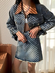 Vintage Denim Crop Jacket Leather Lapel Long Sleeves Front Button Coat