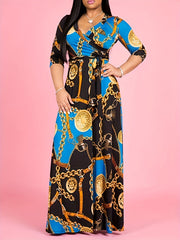 Chain Print Half Sleeve Surplice Neck Maxi Dress With Belt