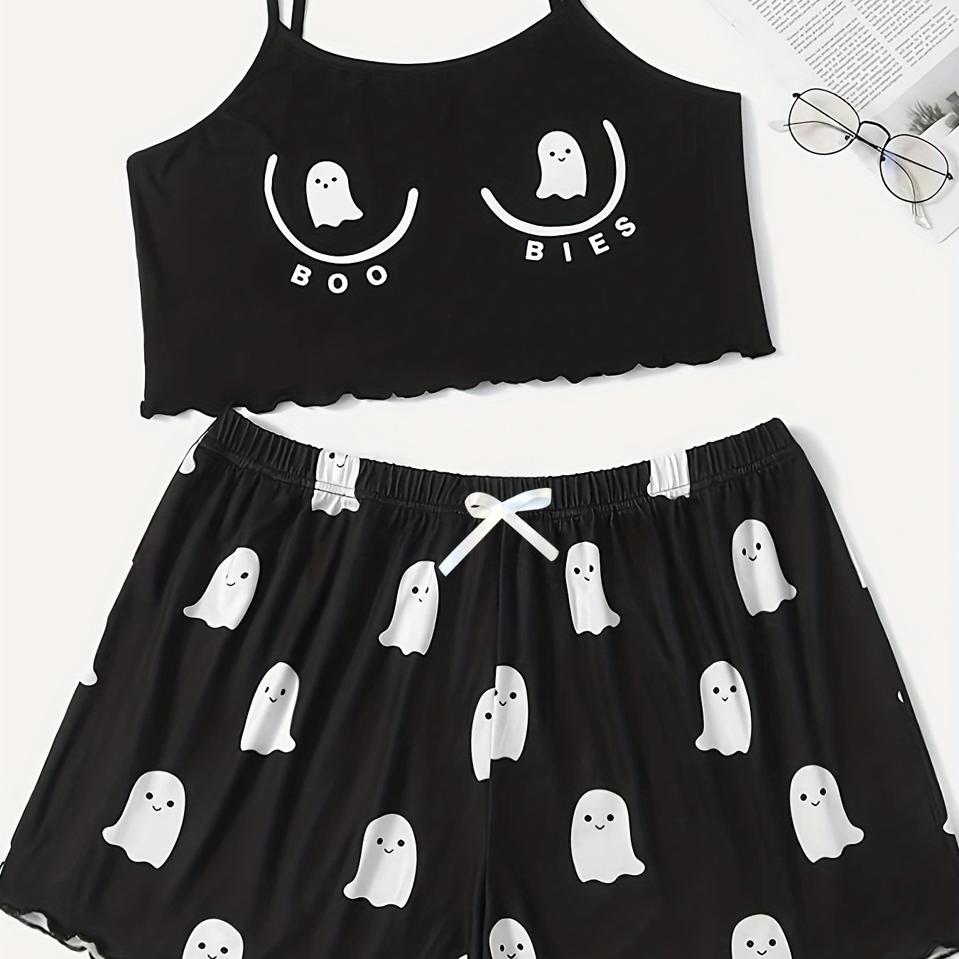Ghost Print Pajama Set Crew Neck Cami Top & Shorts
