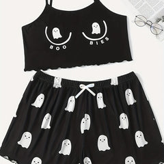 Ghost Print Pajama Set Crew Neck Cami Top & Shorts