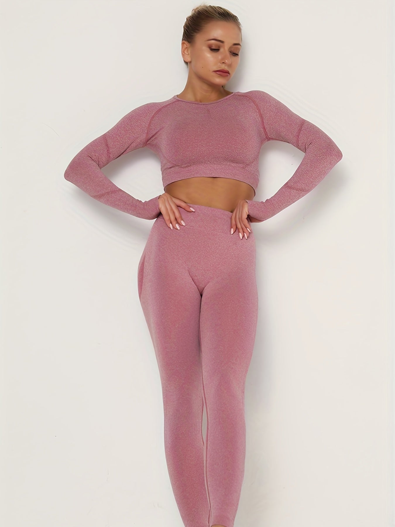 2pcs Seamless Yoga Sets Long Sleeve Top & Leggings Women's Activewear