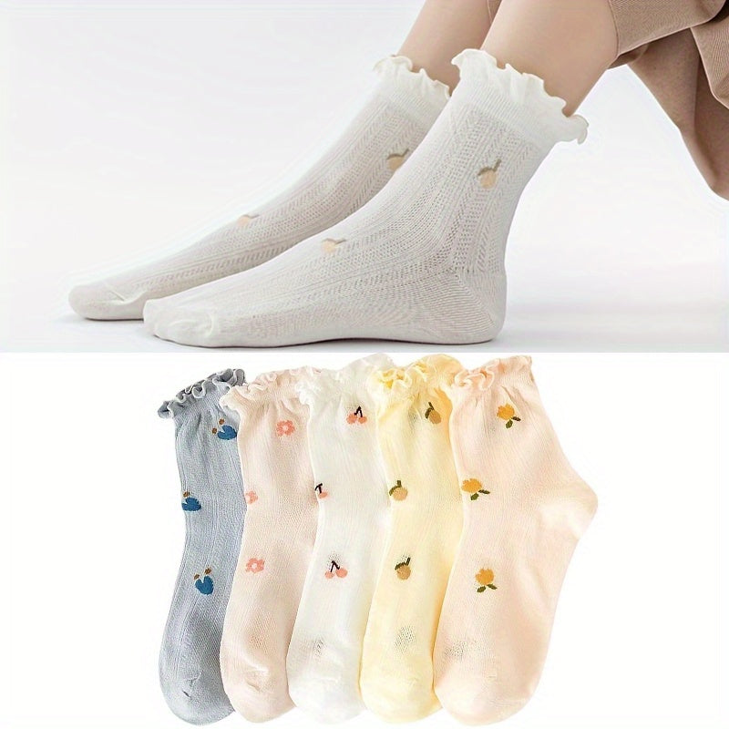 5 Pairs Fruit Print & Ruffle Socks Women's Stockings