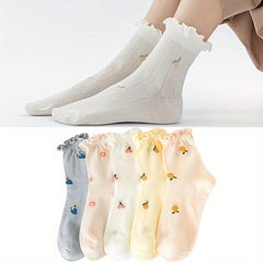 5 Pairs Fruit Print & Ruffle Socks Women's Stockings