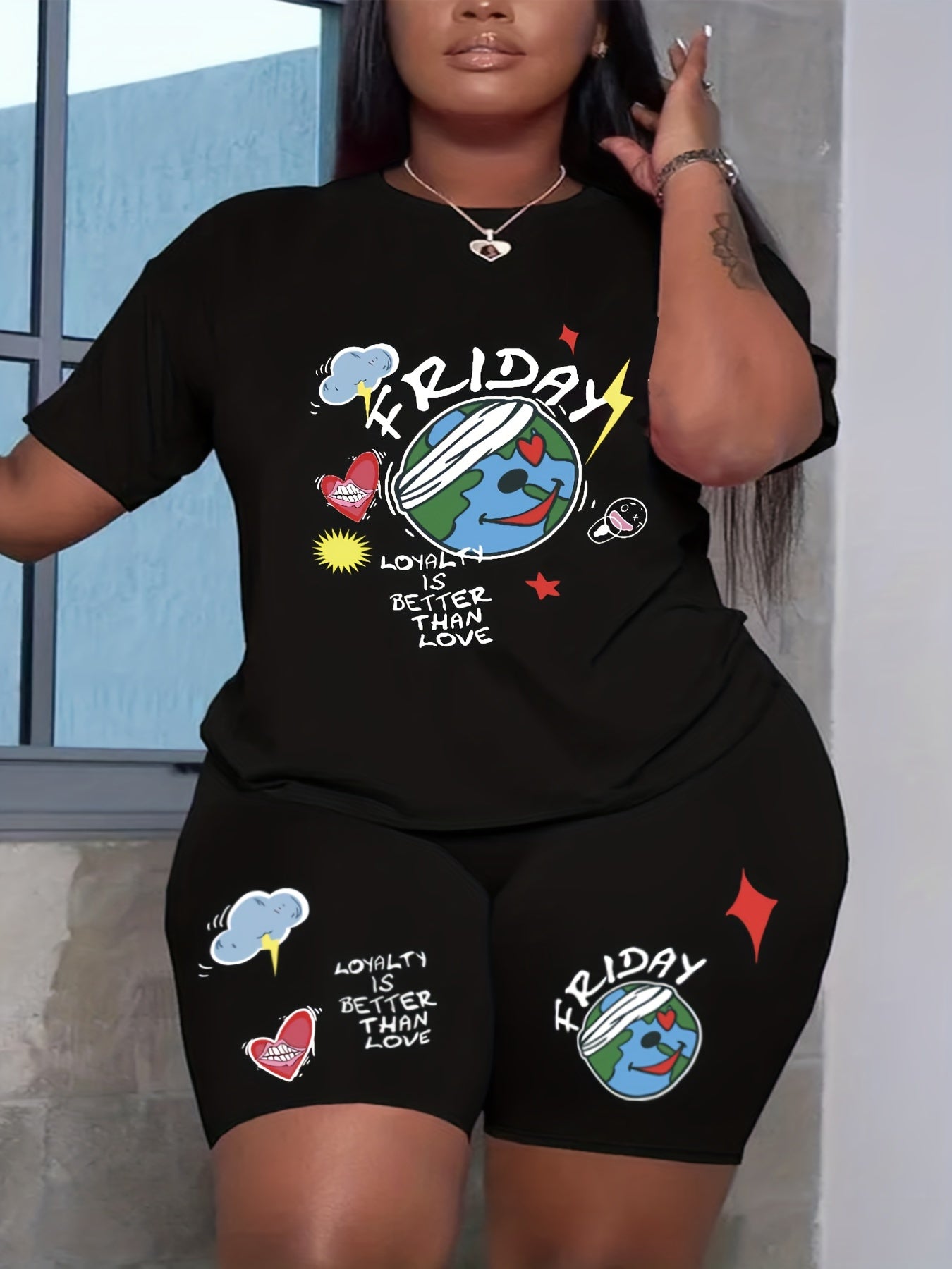 Women's Plus Letter & Graphic Print V Neck Top & Shorts Outfits 2 Piece Set