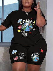 Women's Plus Letter & Graphic Print V Neck Top & Shorts Outfits 2 Piece Set