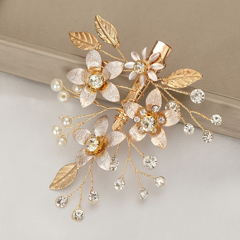 Golden Flower Bride Hair Clip Barrettes Wedding Hair Jewelry