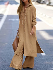 Solid Button Up Long Sleeve Lapel Casual Outfit Set