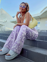 Heart Print Flared Leg Pants High Waist Long Length Women's Clothing