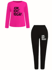 Women's Casual Two Piece Set - Letter Print Top & Pants