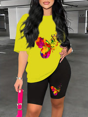 Colorblock Butterfly Print Lounge Set Short Sleeve Top & Cozy Shorts
