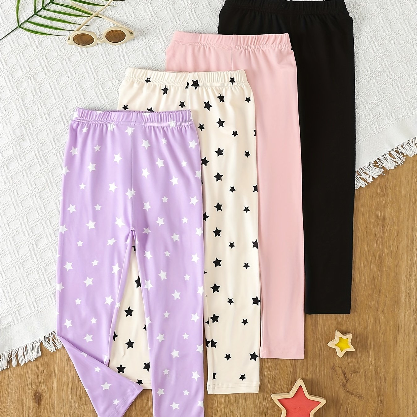 4pcs Toddler Girls Footless Leggings Cotton Stars Graphic Legging Pants