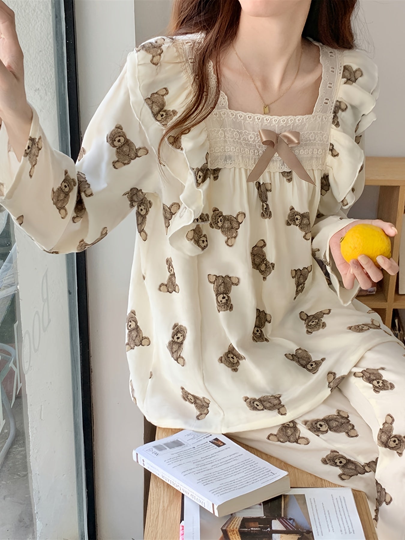 Teddy Bear Print Pajama Set Long Sleeve Square Neck Top & Lounge Pants