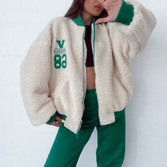 Women's Letter Print Leisure Teddy Embroidery Jacket