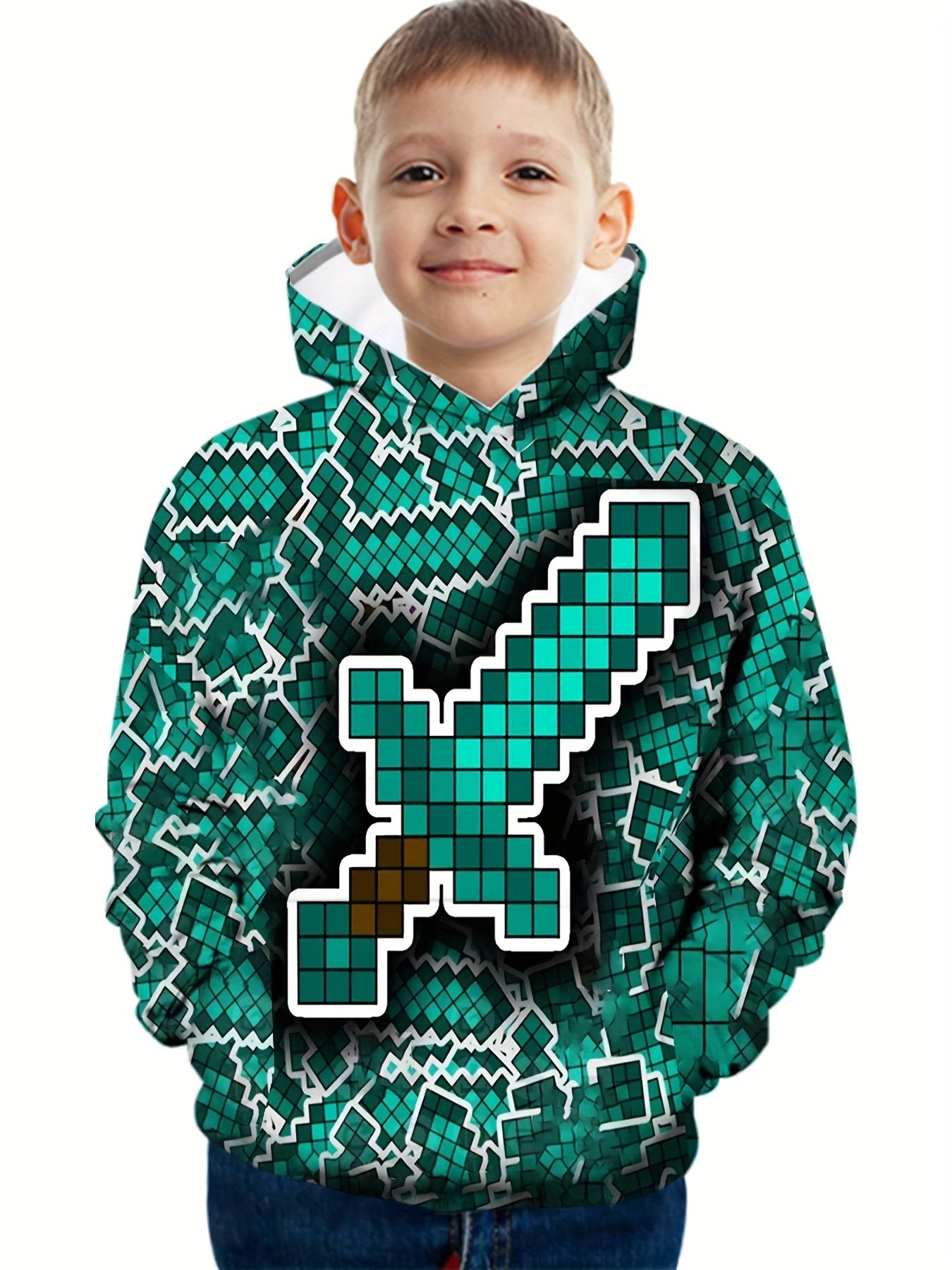 Green Sword Print Boys Hoodie for Spring Fall
