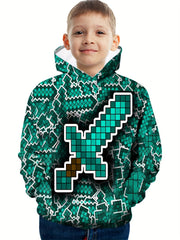 Green Sword Print Boys Hoodie for Spring Fall