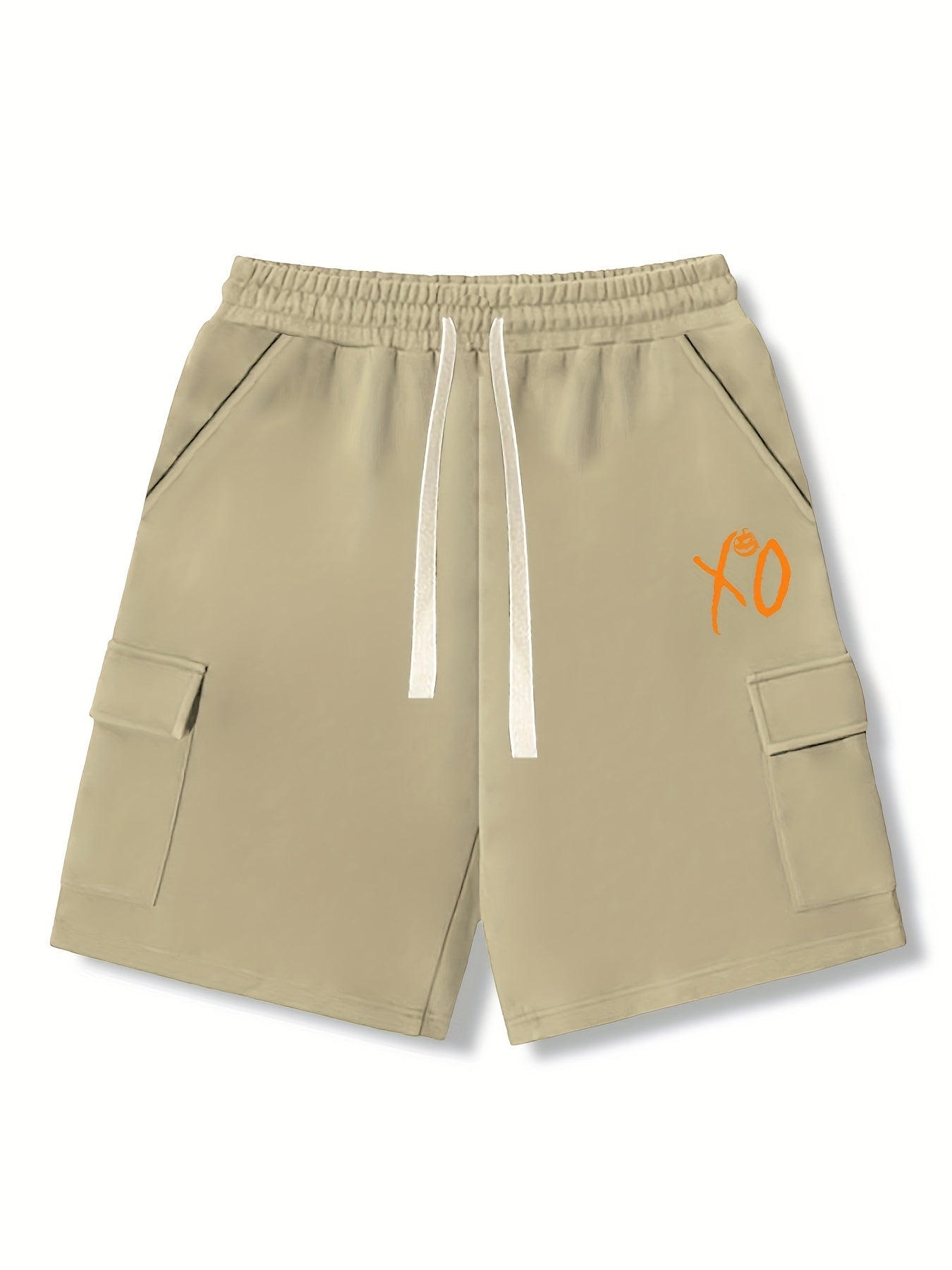 XO Pattern Comfy Shorts Men's Solid Knee Elastic Waist Drawstring Shorts